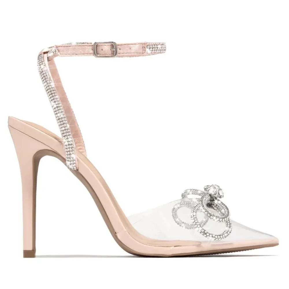 NEW Blush Nude Clear Transparent Rhinestone Bow Ankle Strap Pointy Toe Pump Heel - Picture 6 of 12